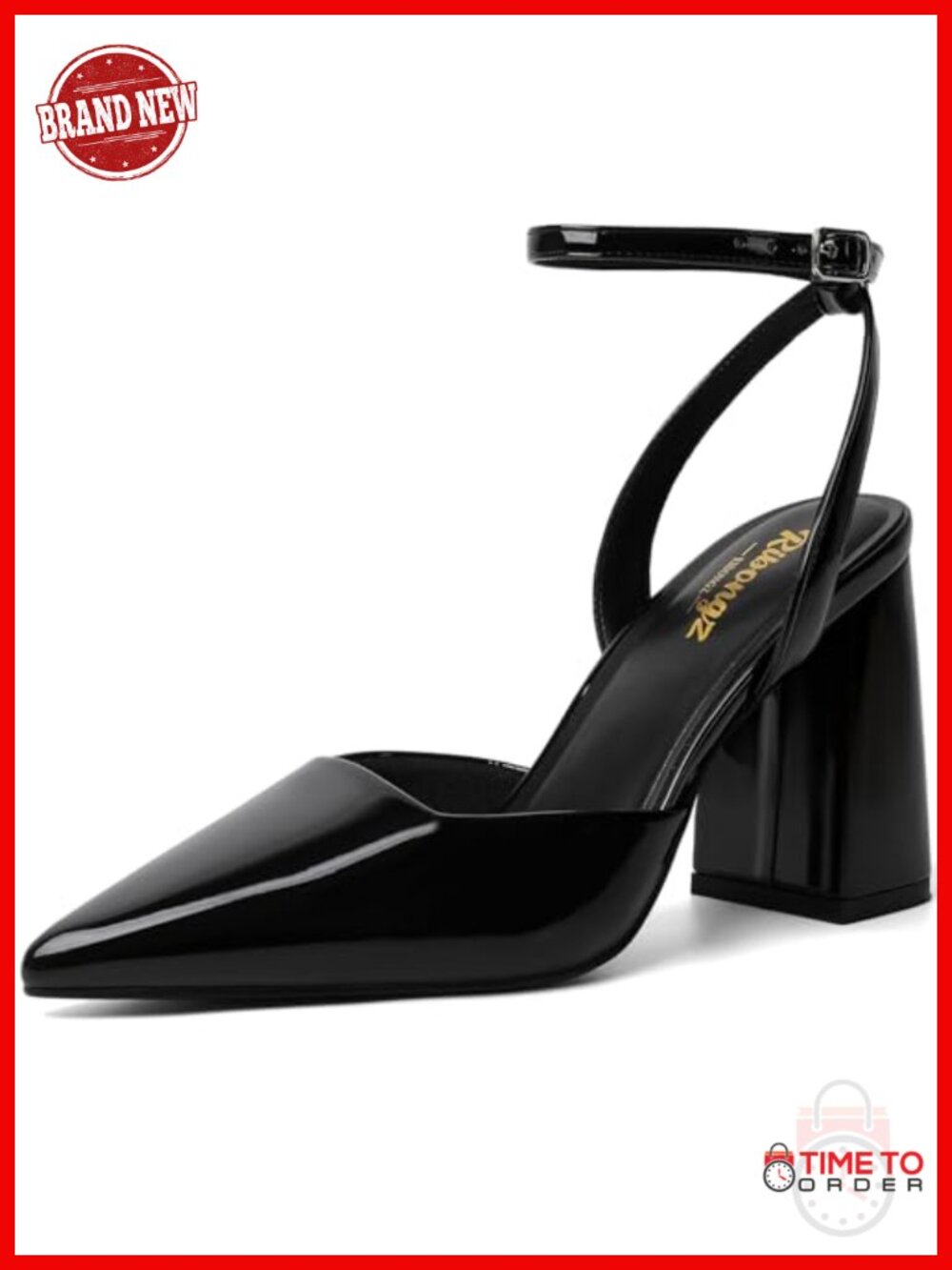RIBONGZ Women Pointed Toe Slingback Block Heel Faux Leather Pumps Ankle Strap